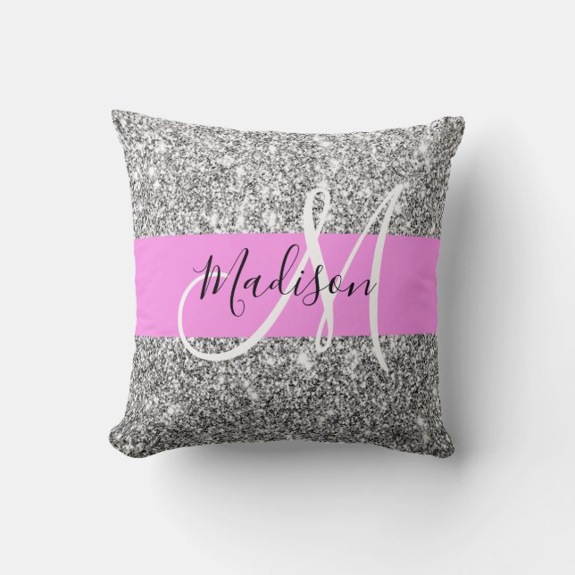Glam Roze & Zilver Glitter Vonken Monogram Naam Kussen (Voorkant)