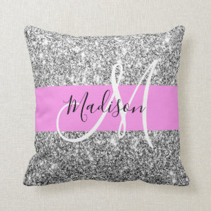 Glam Roze & Zilver Glitter Vonken Monogram Naam Kussen