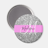 Glam roze & zilver glitter vonken monogram naam magneet (Voorkant / Achterkant)