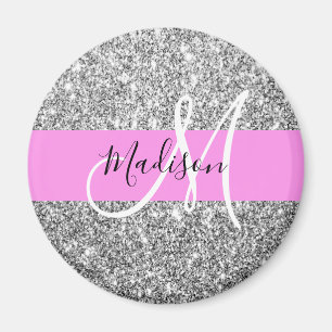Glam roze & zilver glitter vonken monogram naam magneet