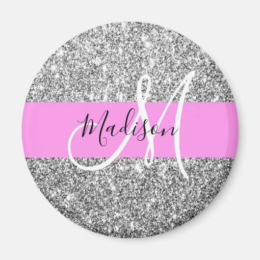 Glam roze & zilver glitter vonken monogram naam magneet (Voorkant)