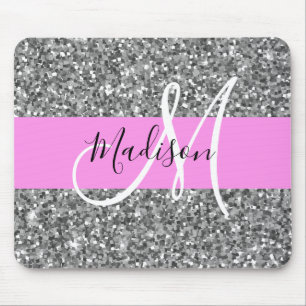 Glam roze & zilver glitter vonken monogram naam muismat