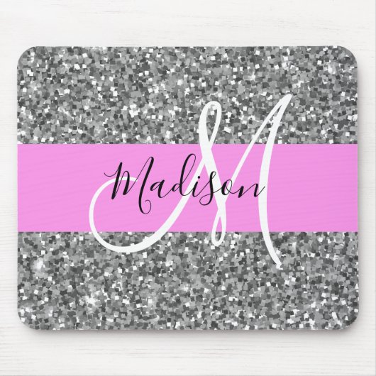 Glam roze & zilver glitter vonken monogram naam muismat (Voorkant)