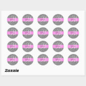 Glam Roze & Zilver Glitter Vonken Monogram Naam Ronde Sticker (Vel)