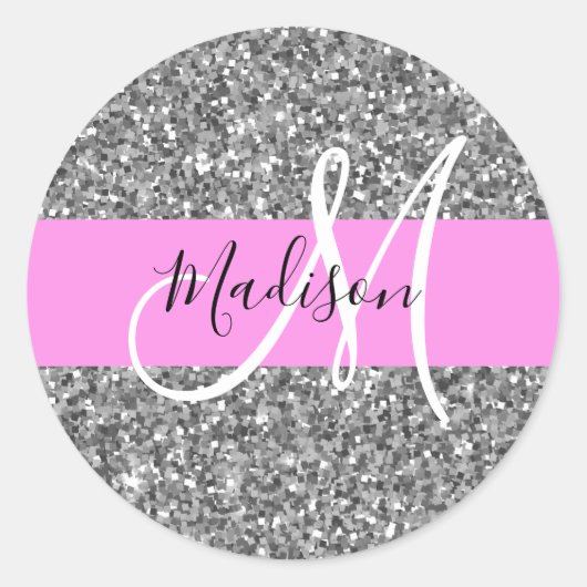 Glam Roze & Zilver Glitter Vonken Monogram Naam Ronde Sticker (Voorkant)