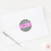 Glam Roze & Zilver Glitter Vonken Monogram Naam Ronde Sticker (Envelop)