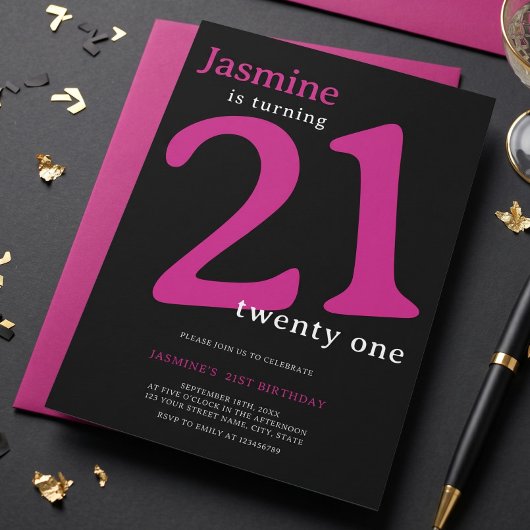 Glam Roze Zwart 21e Verjaardag Kaart