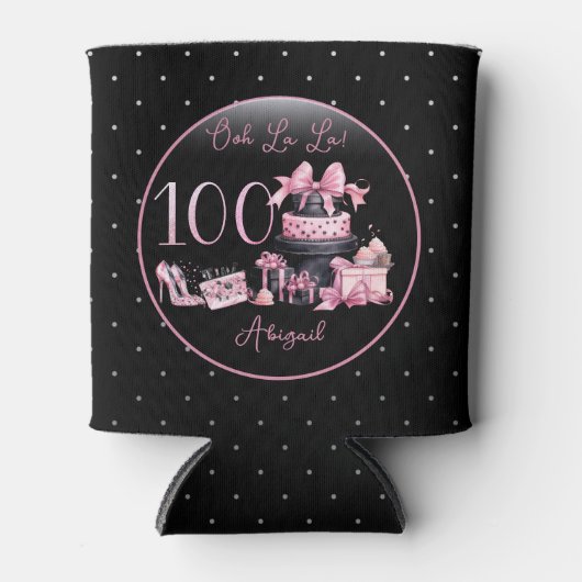 Glam Roze Zwart Mode 100e Verjaardagsfeestje Blikjeskoeler (Voorkant)