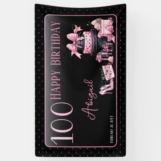 Glam Roze Zwart Mode 100e Verjaardagsfeestje Spandoek (Verticaal)