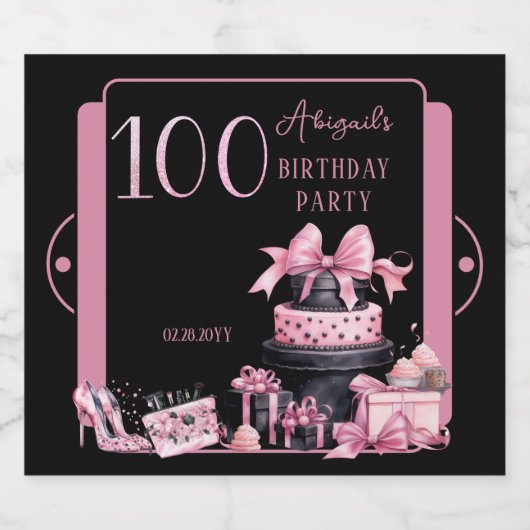 Glam Roze Zwart Mode 100e Verjaardagsfeestje Sparkling Wijnetiket (Enkel label)