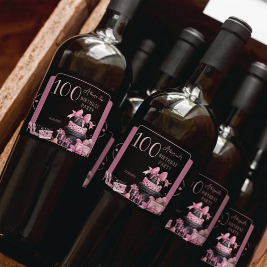 Glam Roze Zwart Mode 100e Verjaardagsfeestje Sparkling Wijnetiket