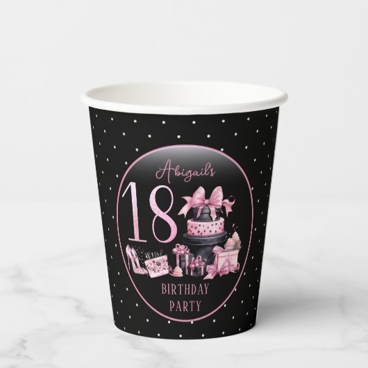 Glam Roze Zwart Mode 18e Verjaardagsfeestje Papieren Bekers (Achterkant)