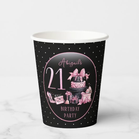 Glam Roze Zwart Mode 21e Verjaardagsfeestje Papieren Bekers (Achterkant)