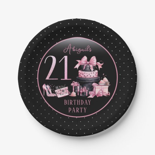 Glam Roze Zwart Mode 21e Verjaardagsfeestje Papieren Bordje (Voorkant)
