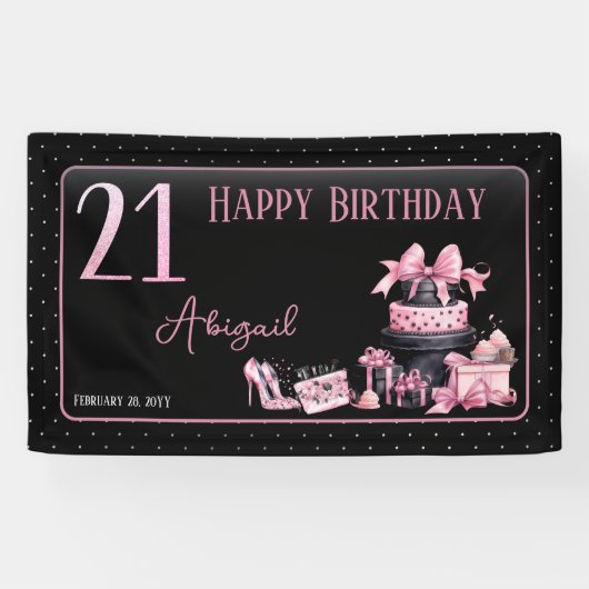 Glam Roze Zwart Mode 21e Verjaardagsfeestje Spandoek (Horizontaal)