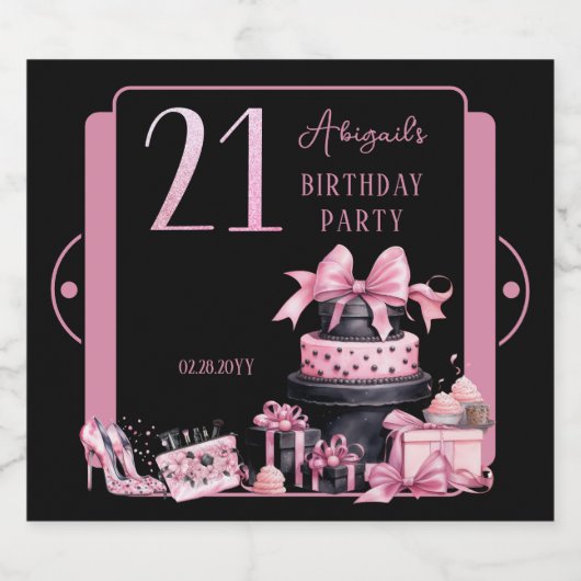 Glam Roze Zwart Mode 21e Verjaardagsfeestje Sparkling Wijnetiket (Enkel label)