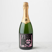Glam Roze Zwart Mode 21e Verjaardagsfeestje Sparkling Wijnetiket (Voorkant)