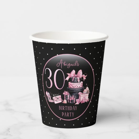 Glam Roze Zwart Mode 30e Verjaardagsfeestje Papieren Bekers (Voorkant)