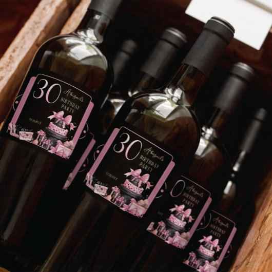 Glam Roze Zwart Mode 30e Verjaardagsfeestje Sparkling Wijnetiket