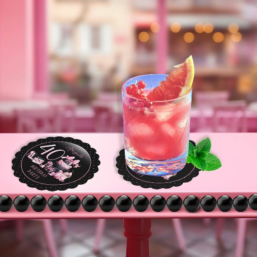 Glam Roze Zwart Mode 40e Verjaardagsfeestje Kartonnen Onderzetters