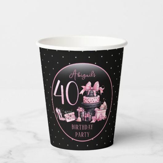 Glam Roze Zwart Mode 40e Verjaardagsfeestje Papieren Bekers (Achterkant)