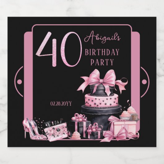 Glam Roze Zwart Mode 40e Verjaardagsfeestje Sparkling Wijnetiket (Enkel label)