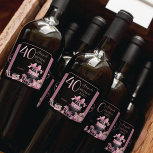 Glam Roze Zwart Mode 40e Verjaardagsfeestje Sparkling Wijnetiket