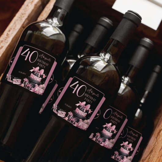 Glam Roze Zwart Mode 40e Verjaardagsfeestje Sparkling Wijnetiket
