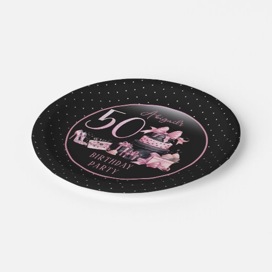 Glam Roze Zwart Mode 50e Verjaardagsfeestje Papieren Bordje (Gekanteld)