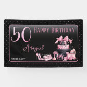 Glam Roze Zwart Mode 50e Verjaardagsfeestje Spandoek (Horizontaal)