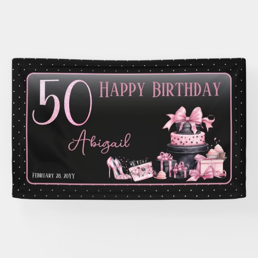 Glam Roze Zwart Mode 50e Verjaardagsfeestje Spandoek (Horizontaal)
