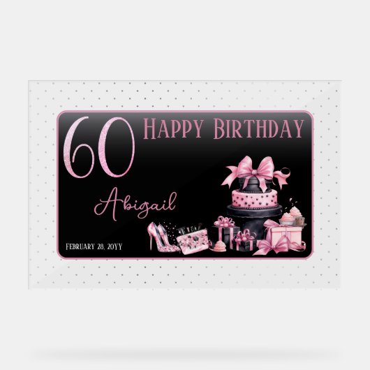 Glam Roze Zwart Mode 60e Verjaardagsfeestje Acryl Bord (Voorkant)