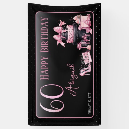 Glam Roze Zwart Mode 60e Verjaardagsfeestje Spandoek (Verticaal)