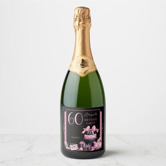 Glam Roze Zwart Mode 60e Verjaardagsfeestje Sparkling Wijnetiket (Voorkant)