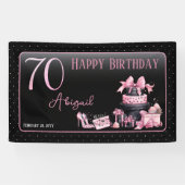 Glam Roze Zwart Mode 70e Verjaardagsfeestje Spandoek (Horizontaal)