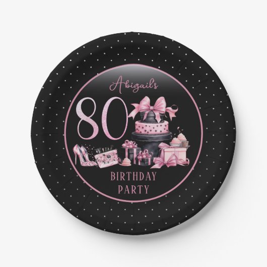 Glam Roze Zwart Mode 80ste Verjaardagsfeestje Papieren Bordje (Voorkant)