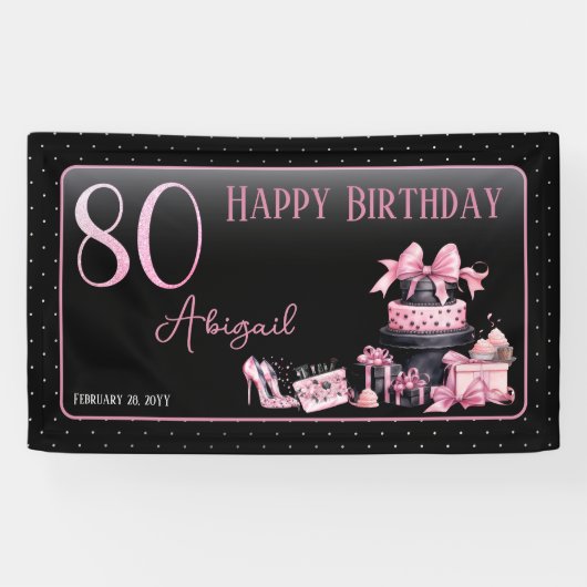 Glam Roze Zwart Mode 80ste Verjaardagsfeestje Spandoek (Horizontaal)