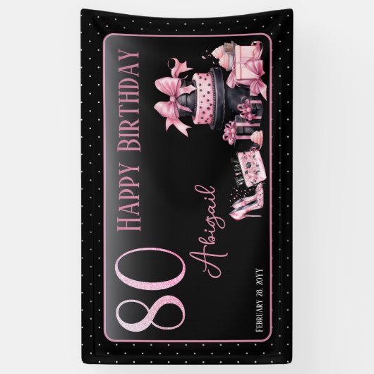 Glam Roze Zwart Mode 80ste Verjaardagsfeestje Spandoek (Verticaal)