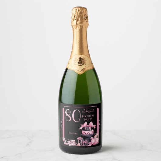 Glam Roze Zwart Mode 80ste Verjaardagsfeestje Sparkling Wijnetiket (Voorkant)