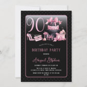 Glam Roze Zwart Mode 90ste Verjaardagsfeestje Kaart (Voorkant)
