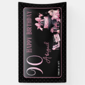 Glam Roze Zwart Mode 90ste Verjaardagsfeestje Spandoek (Verticaal)