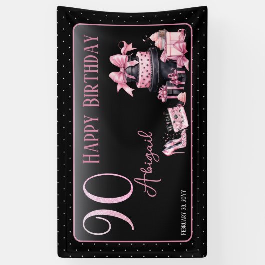 Glam Roze Zwart Mode 90ste Verjaardagsfeestje Spandoek (Verticaal)