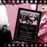 Glam Roze Zwart Mode Sweet 16 Verjaardagsfeestje Kaart<br><div class="desc">Glamoureus Frans couture-geïnspireerd,  roze en zwart "Sweet 16" 16e verjaardag ontwerp met een petten doos cake,  roze stiletto's en een make-up tas tussen verschillende ongeopende cadeaus en weelderige cupcakes. Perfect voor het vieren van verjaardagsgelegenheden. Age is gemaakt in een onbewerkbaar faux pink glitter lettertype.</div>