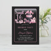 Glam Roze Zwart Mode Sweet 16 Verjaardagsfeestje Kaart (Staand voorkant)