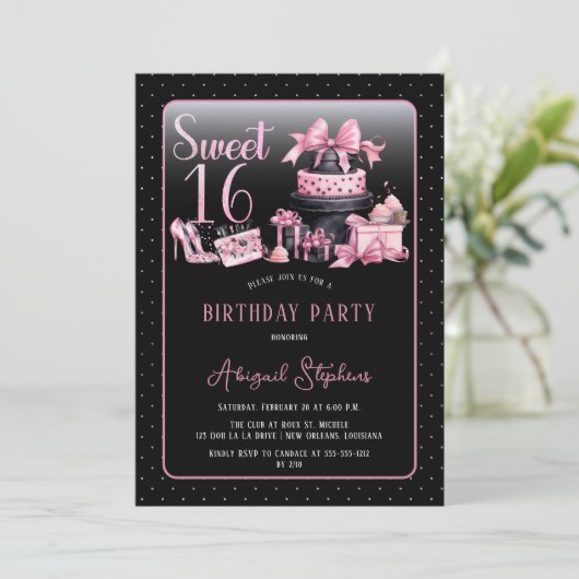 Glam Roze Zwart Mode Sweet 16 Verjaardagsfeestje Kaart (Staand voorkant)