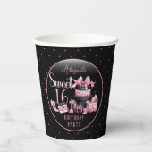 Glam Roze Zwart Mode Sweet 16 Verjaardagsfeestje Papieren Bekers (Voorkant)