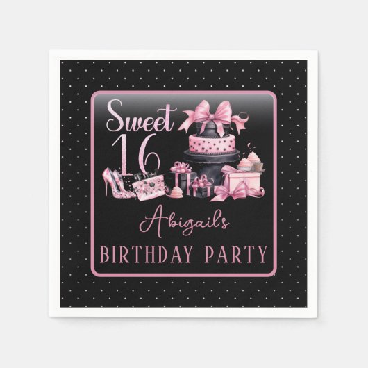 Glam Roze Zwart Mode Sweet 16 Verjaardagsfeestje Servet (Voorkant)