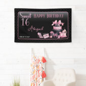 Glam Roze Zwart Mode Sweet 16 Verjaardagsfeestje Spandoek (Insitu)