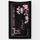 Glam Roze Zwart Mode Sweet 16 Verjaardagsfeestje Spandoek (Verticaal)