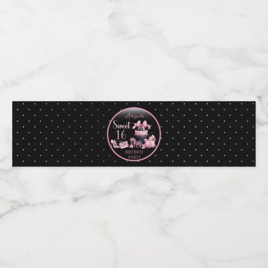 Glam Roze Zwart Mode Sweet 16 Verjaardagsfeestje Waterfles Etiket (Enkel label)